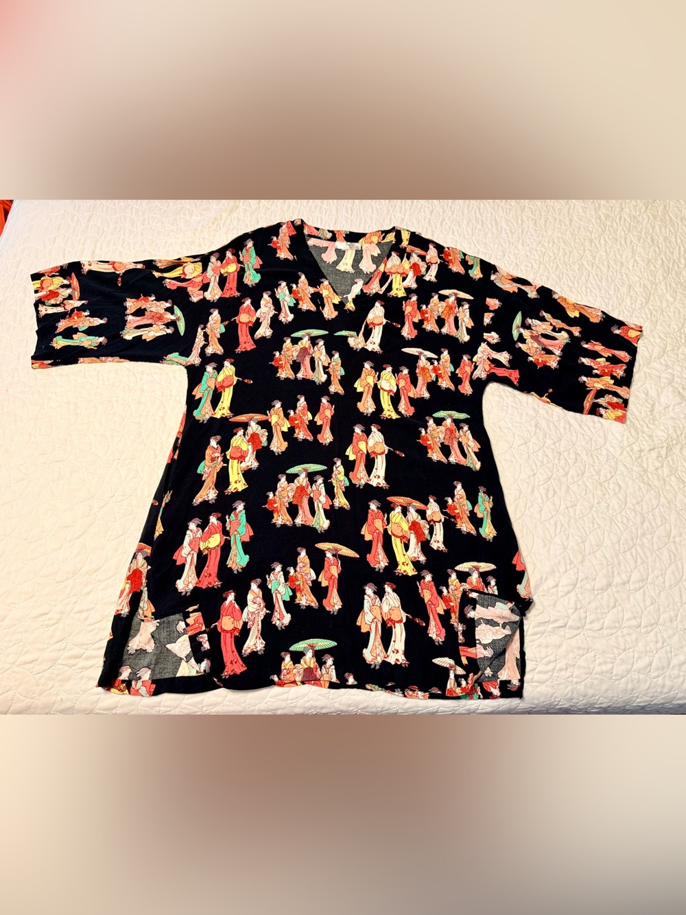 Natori XL Black Geisha Printed Rayonne Caftan Lounger with pockets
